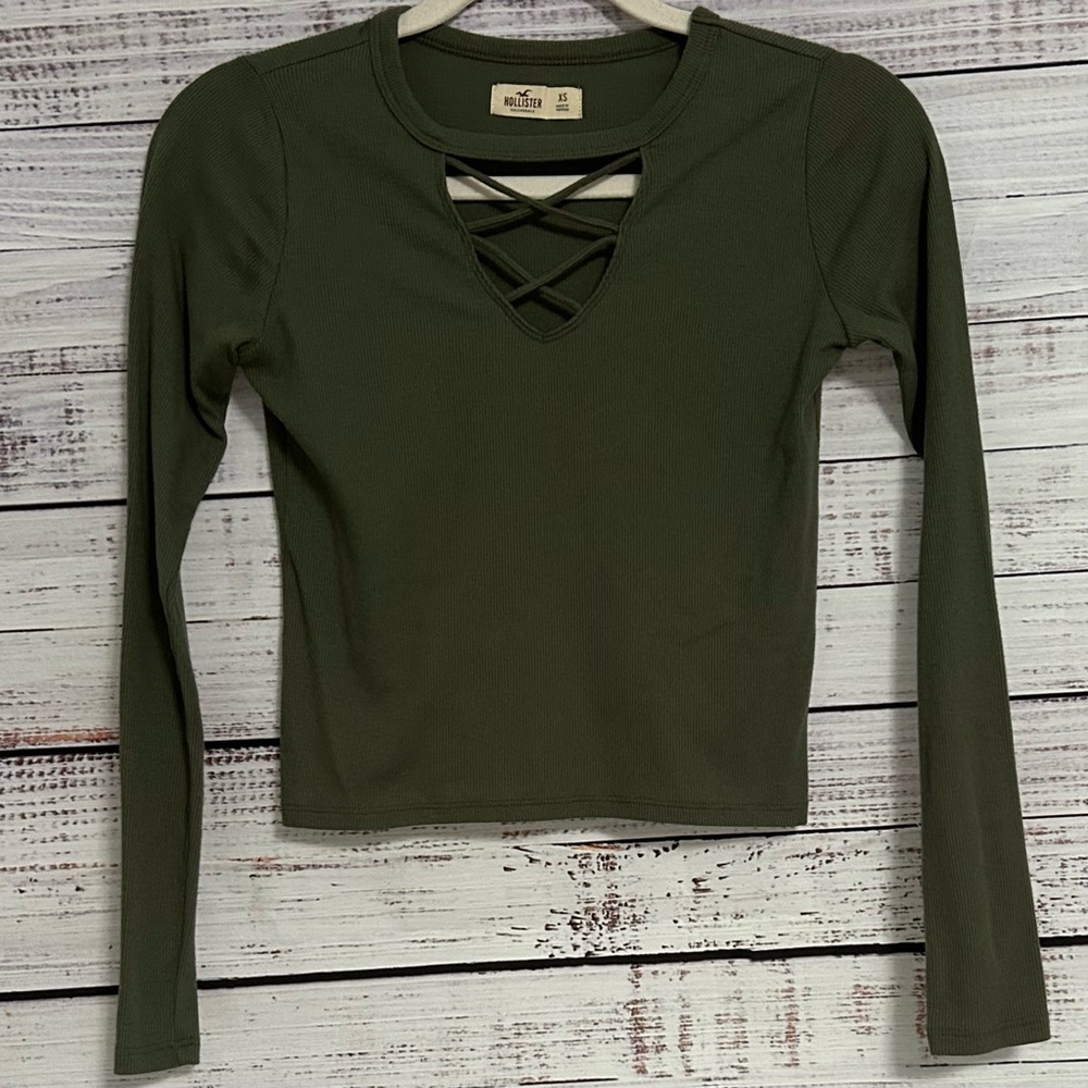 Hollister Olive Green Ribbed Long Sleeve Criss-Cross Top XS